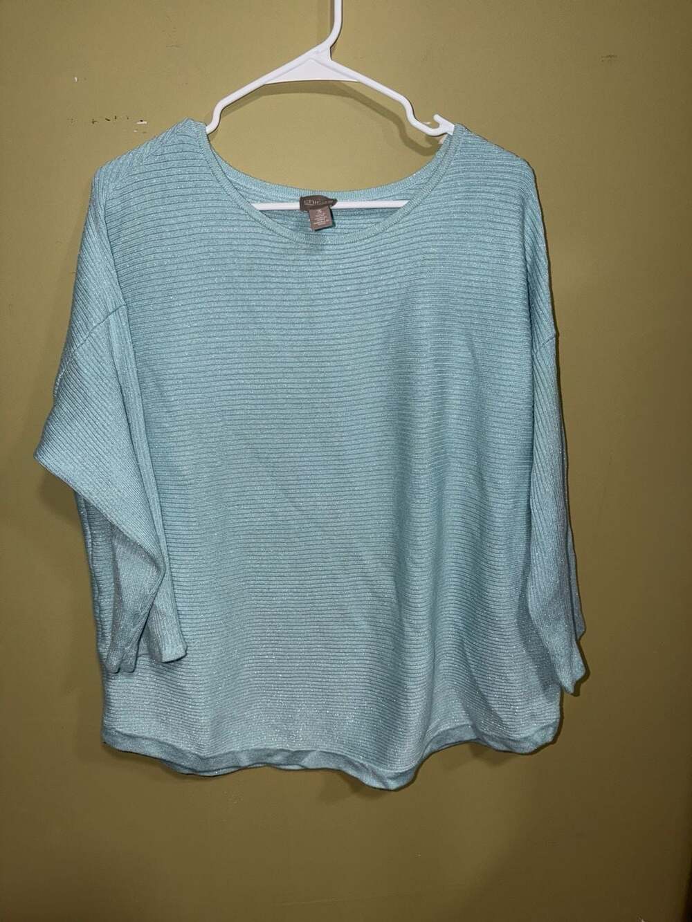 Chico's Light Blue Metallic Shimmer Ribbed Batwing Knit Top Size 3